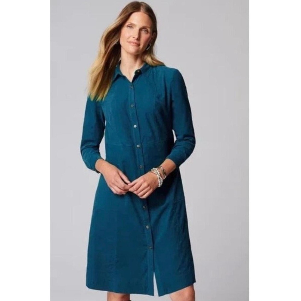 J.Jill Teal Blue Corduroy Fall Modest Button Front Shirt Dress Long Sleeve XS